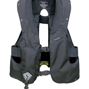 A black vest with a strap around the waist.