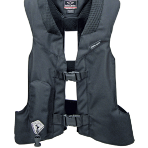 A black vest with two buckles on the front.