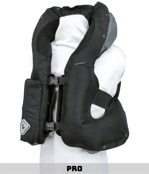 A man wearing an air vest with the shoulder strap down.