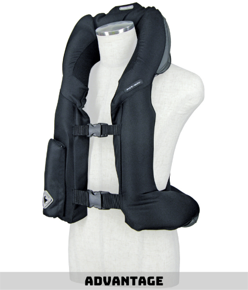 A mannequin wearing a life jacket and holding a bag.