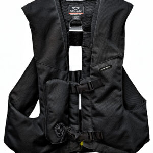 A black vest is shown with the front of it open.