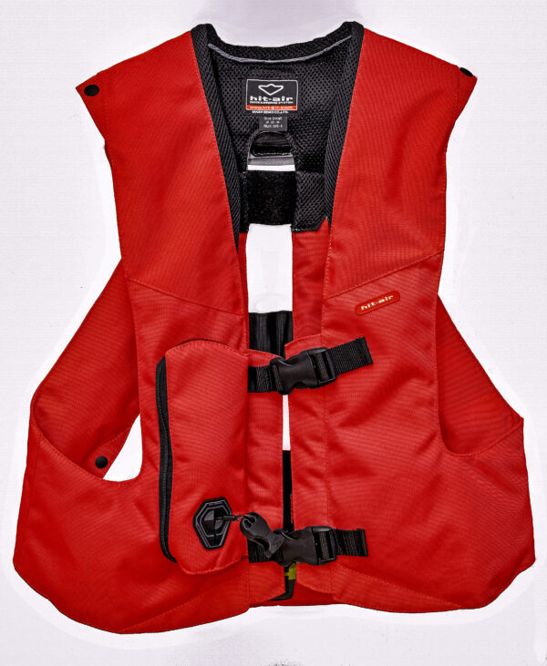 A red life vest with a black strap around the waist.