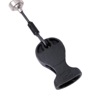 A black plastic handle with a metal knob.