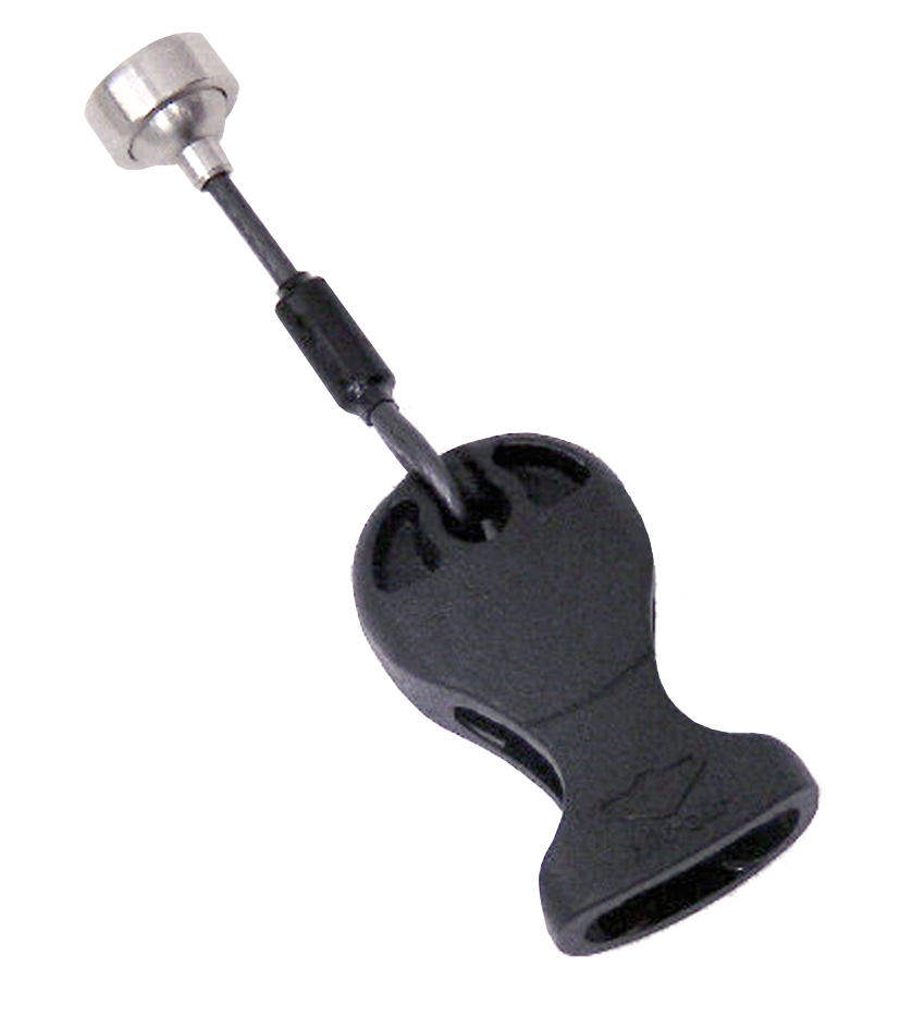 A black plastic handle with a metal knob.