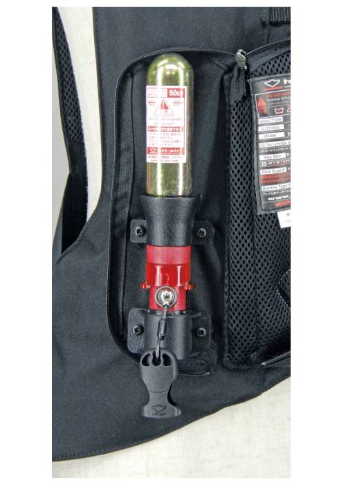 A backpack with a fire extinguisher attached to it.