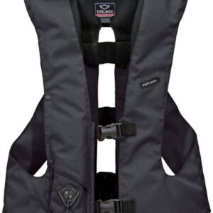 A black vest is shown with straps on it.