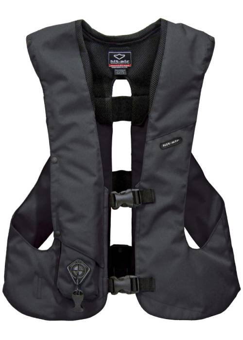 A black vest is shown with straps on it.