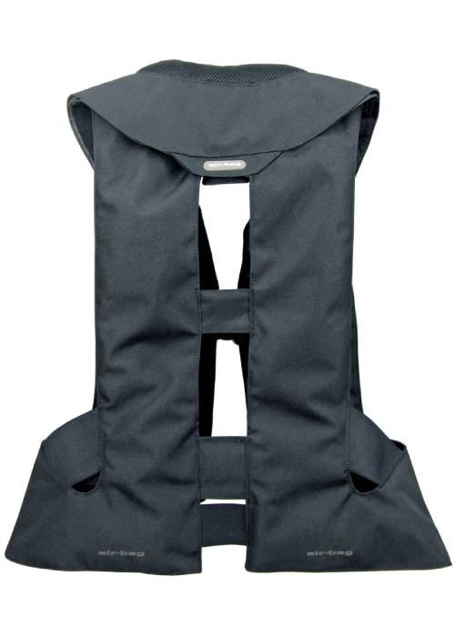 A black backpack with a strap around the back of it.