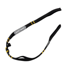 A black and yellow strap with a tag on it.