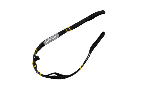 A black and yellow strap with a tag on it.