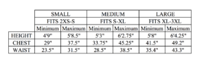 A table with the size of each of the three sizes.