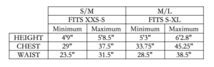 Original Super Lightweight Size Chart