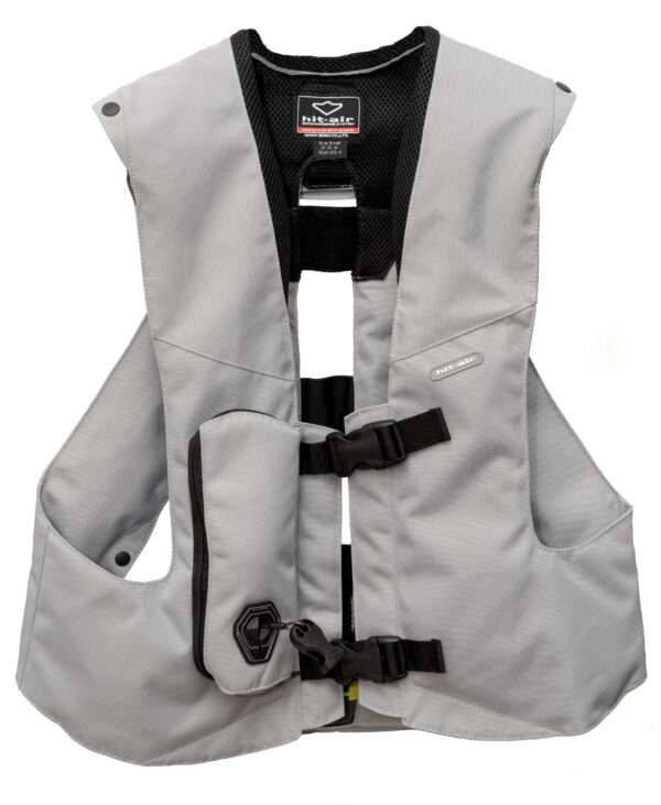 A gray vest with a black strap and an air bag.