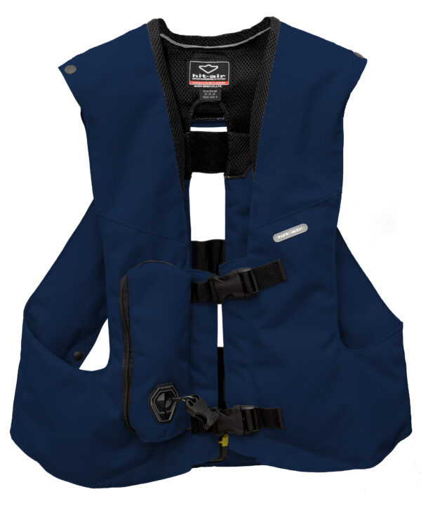 A blue vest is shown with black trim.