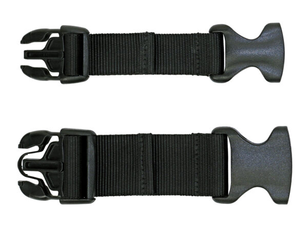 A pair of black straps with plastic buckles.