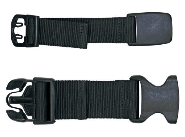 A black strap with a plastic buckle and a black strap