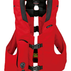 A red life jacket is shown with black straps.