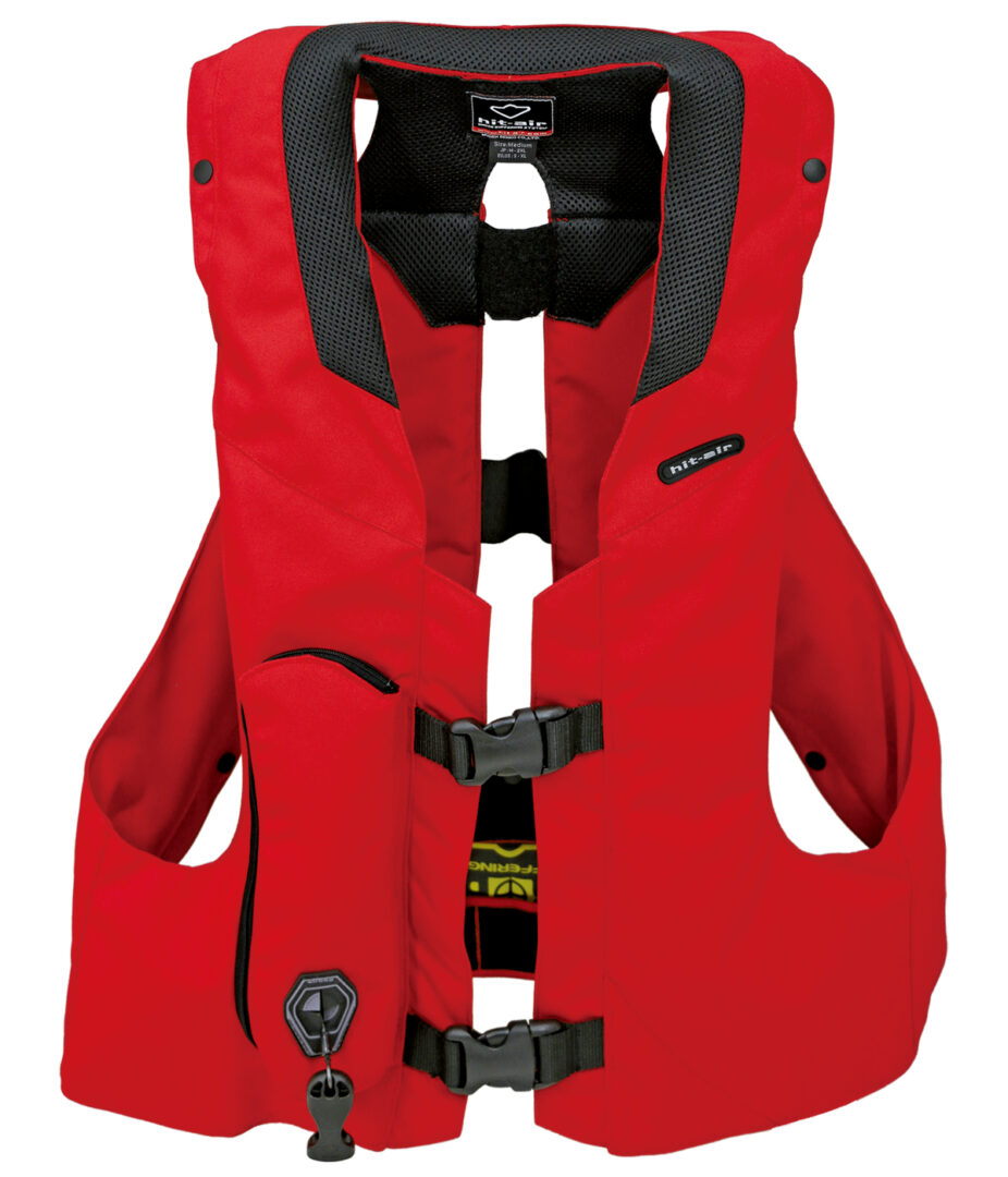 A red life jacket is shown with black straps.