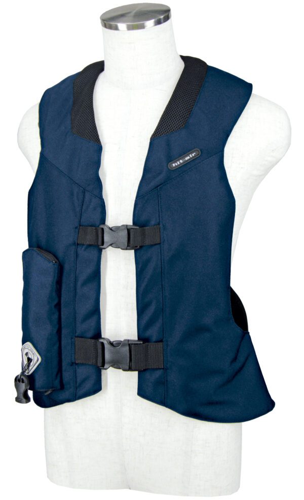 A blue vest is shown with a black strap.