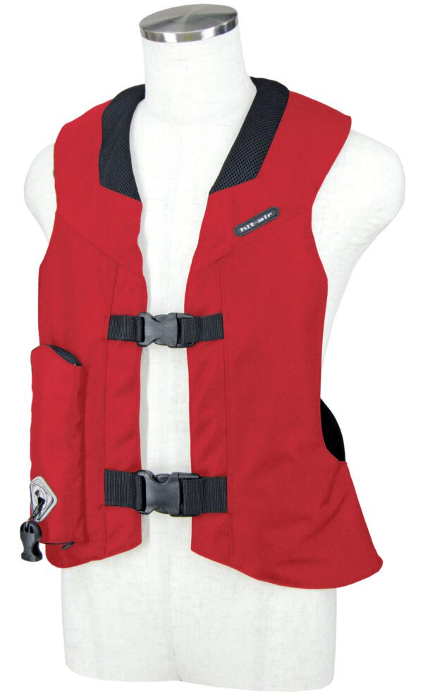 A red life vest with two buckles on the side.
