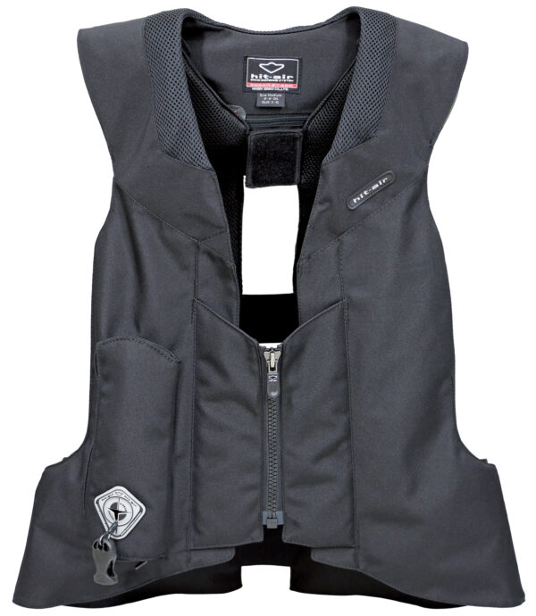 A black vest with a zipper and a strap around the waist.