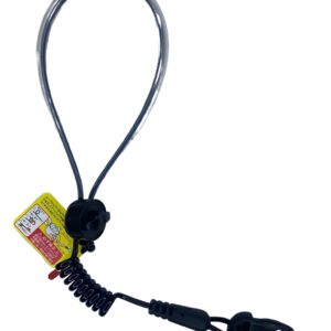 A black and yellow tag hanging from a wire.