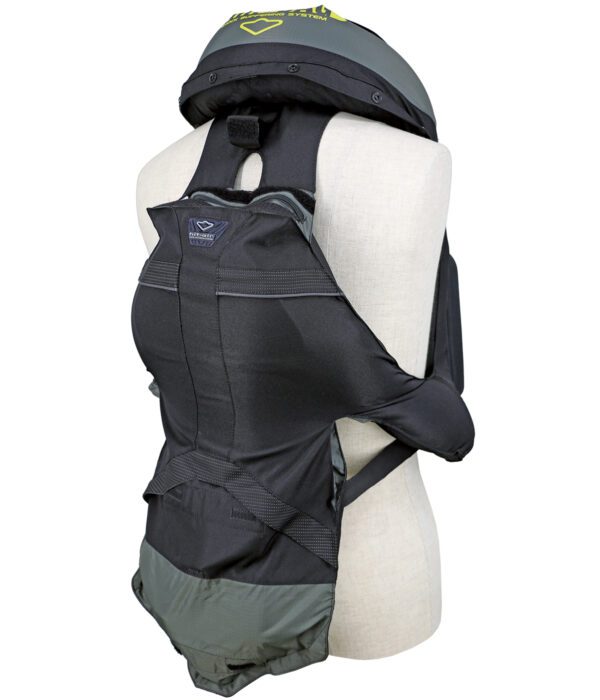 A mannequin wearing a black and gray baby carrier.