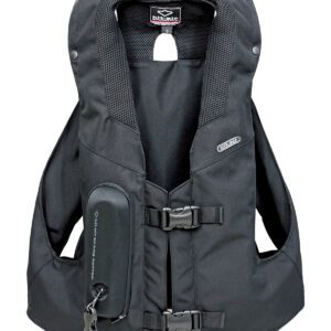 A black vest with a small bag attached to it.