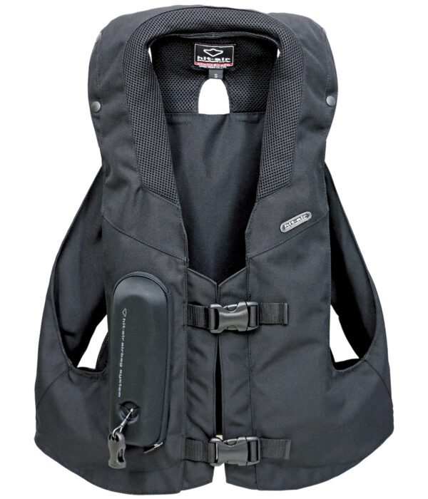 A black vest with a small bag attached to it.