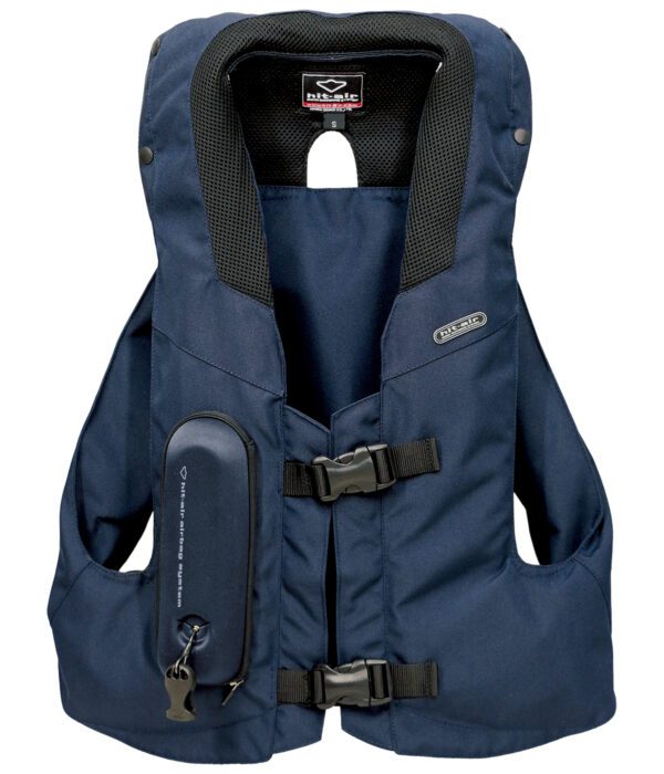 A blue life jacket with a black strap and a bag.