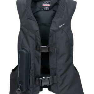 A black vest with a side pocket and a belt.