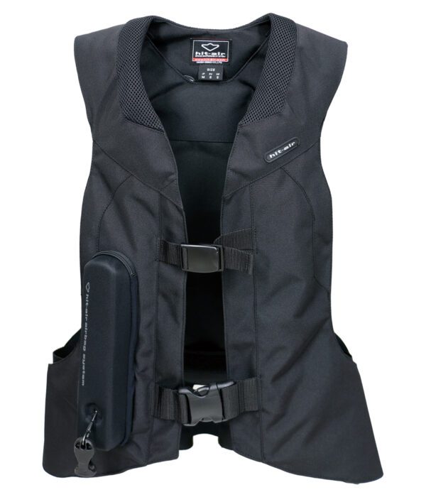 A black vest with a side pocket and a belt.