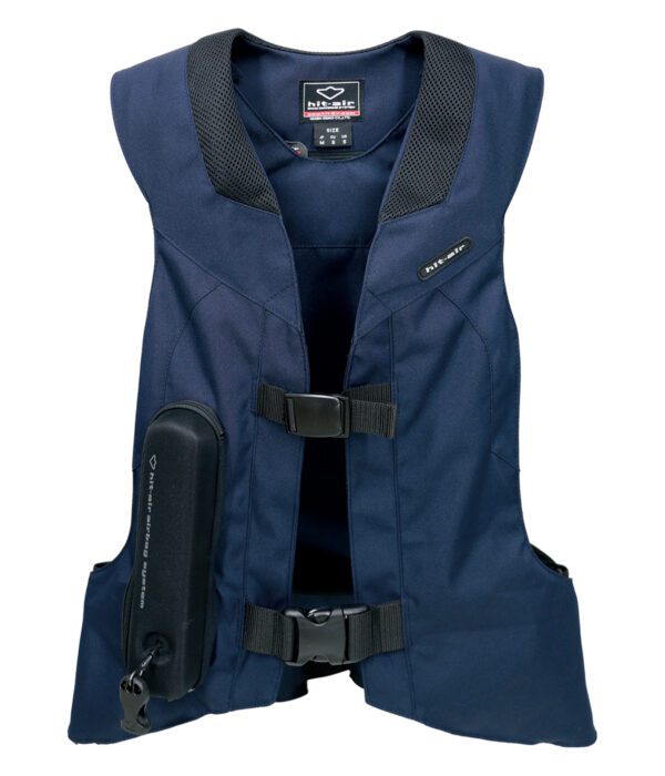 A blue vest with a black strap and buckle.