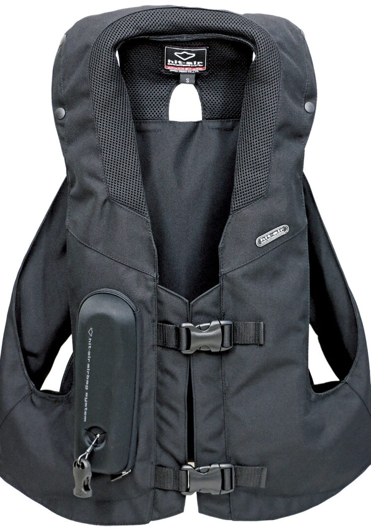A black vest with a small bag attached to it.